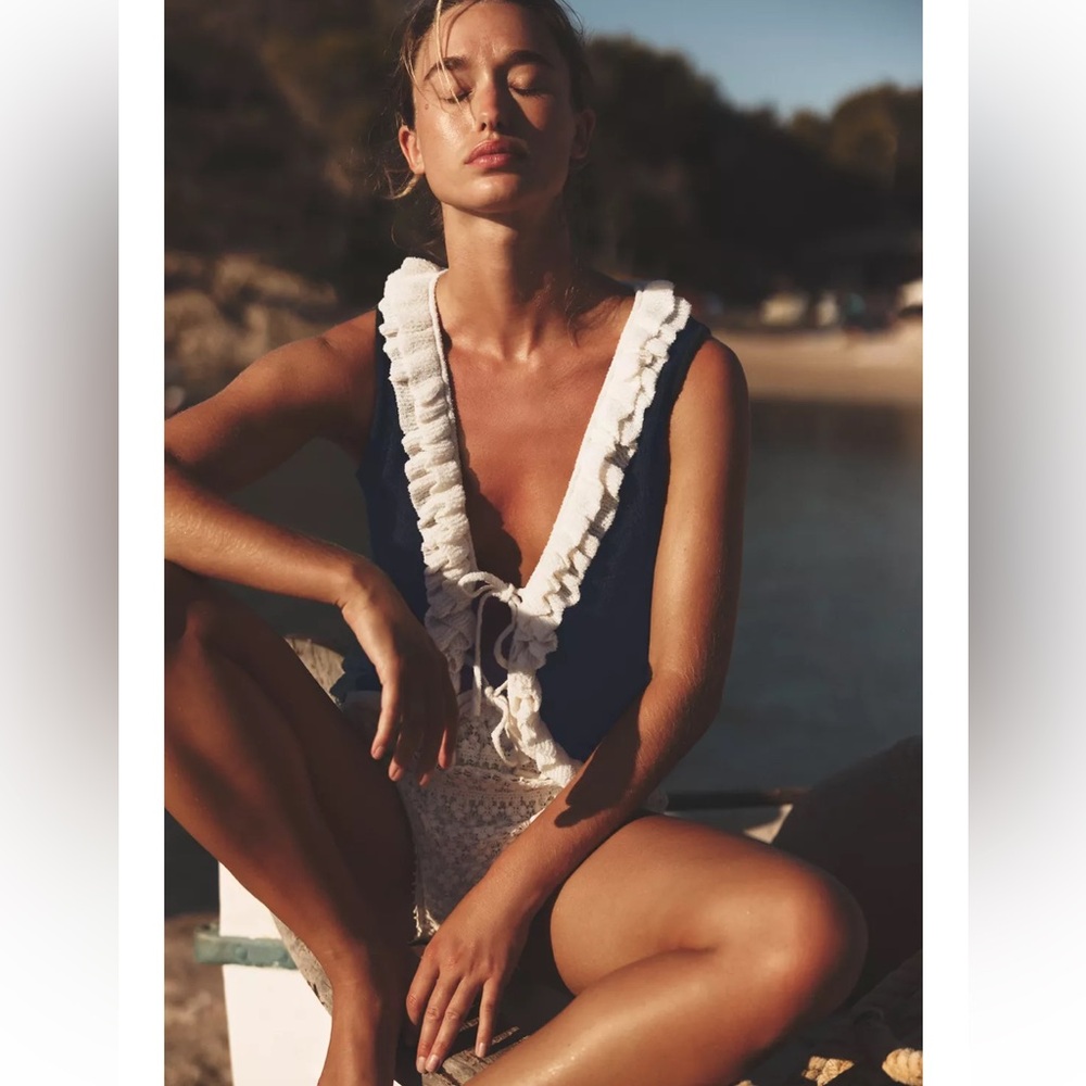 Navy and White Ruffled Top